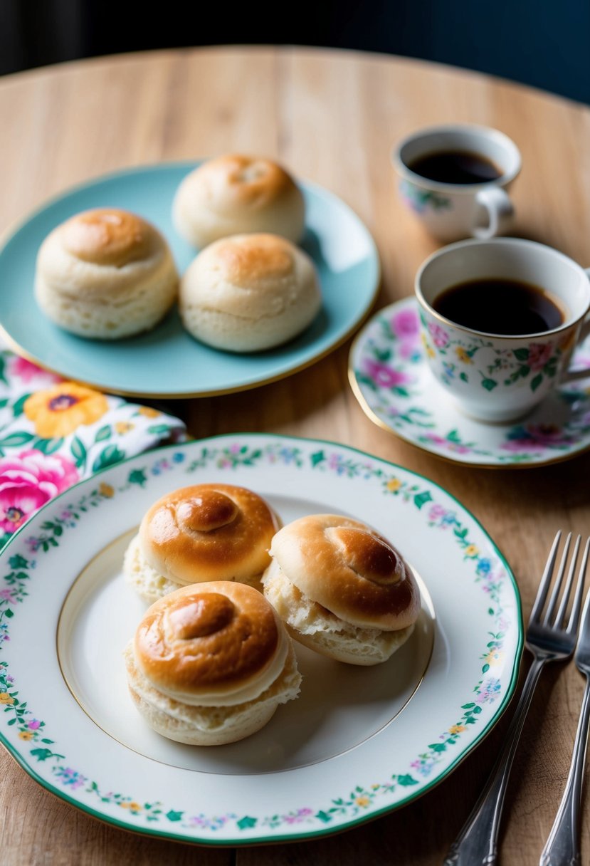 A table set with a plate of semlor cream buns, a cup of coffee, and a floral napkin