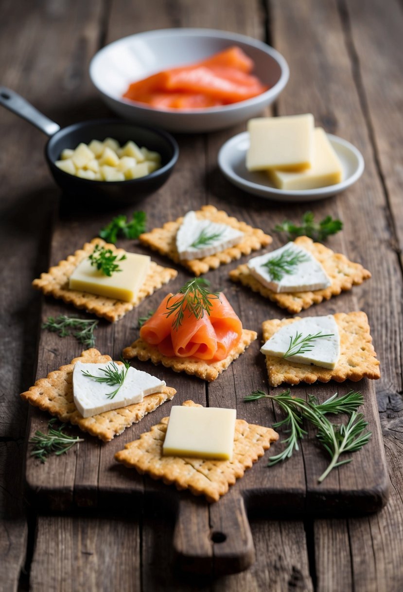 A rustic wooden table with a spread of traditional Swedish crispbread, accompanied by various toppings such as cheese, smoked salmon, and fresh herbs