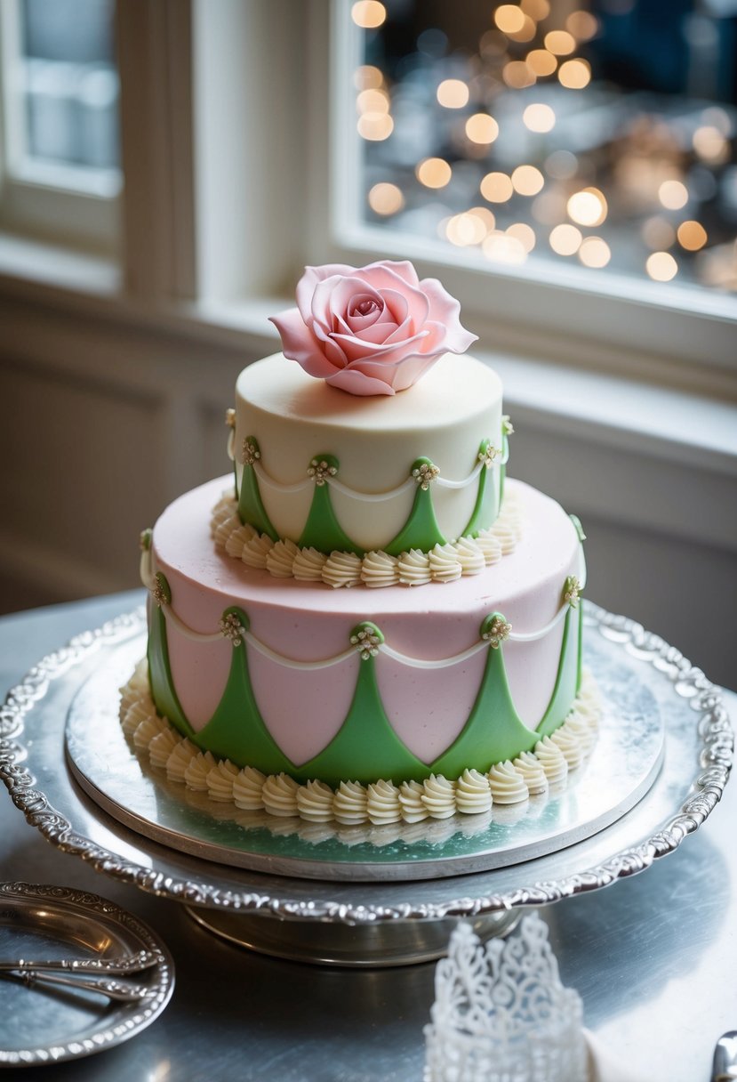 A beautifully decorated Princess Cake sits on a silver platter, adorned with green marzipan and a delicate pink rose on top