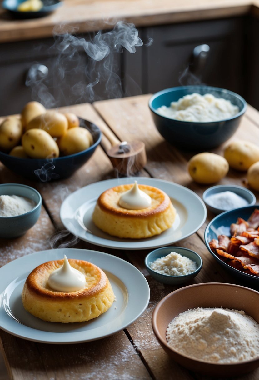 A rustic kitchen with a wooden table set with plates of steaming kroppkakor, surrounded by ingredients like potatoes, flour, and bacon