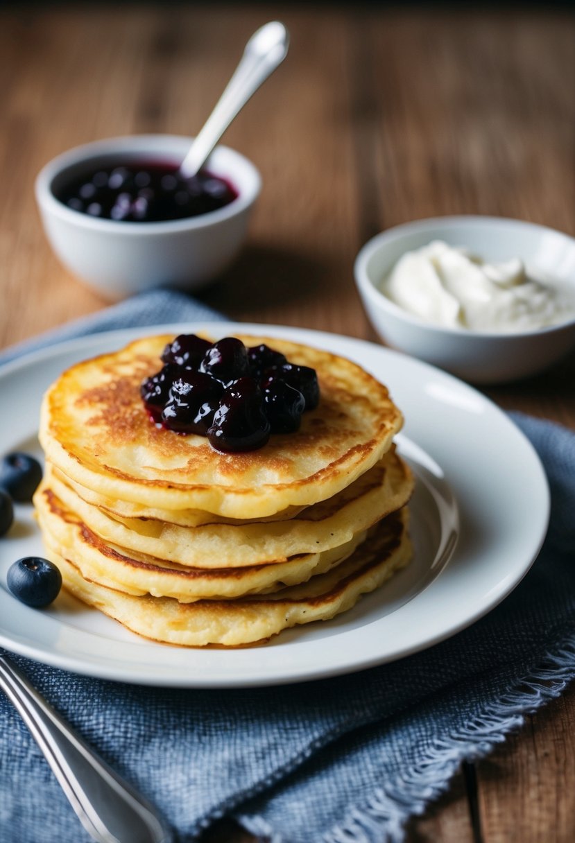 A plate of golden-brown potato pancakes served with lingonberry jam and a dollop of sour cream on the side