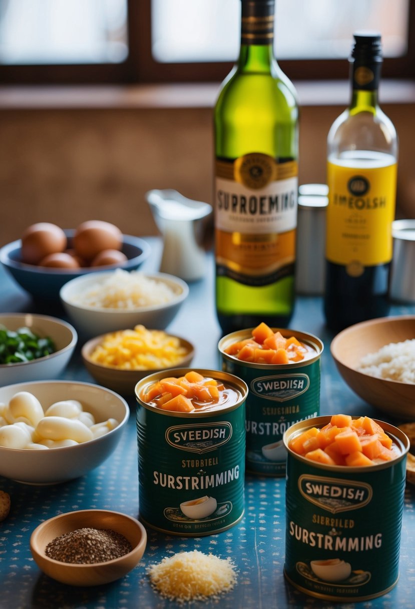 A table set with open cans of surströmming, surrounded by ingredients for Swedish recipes