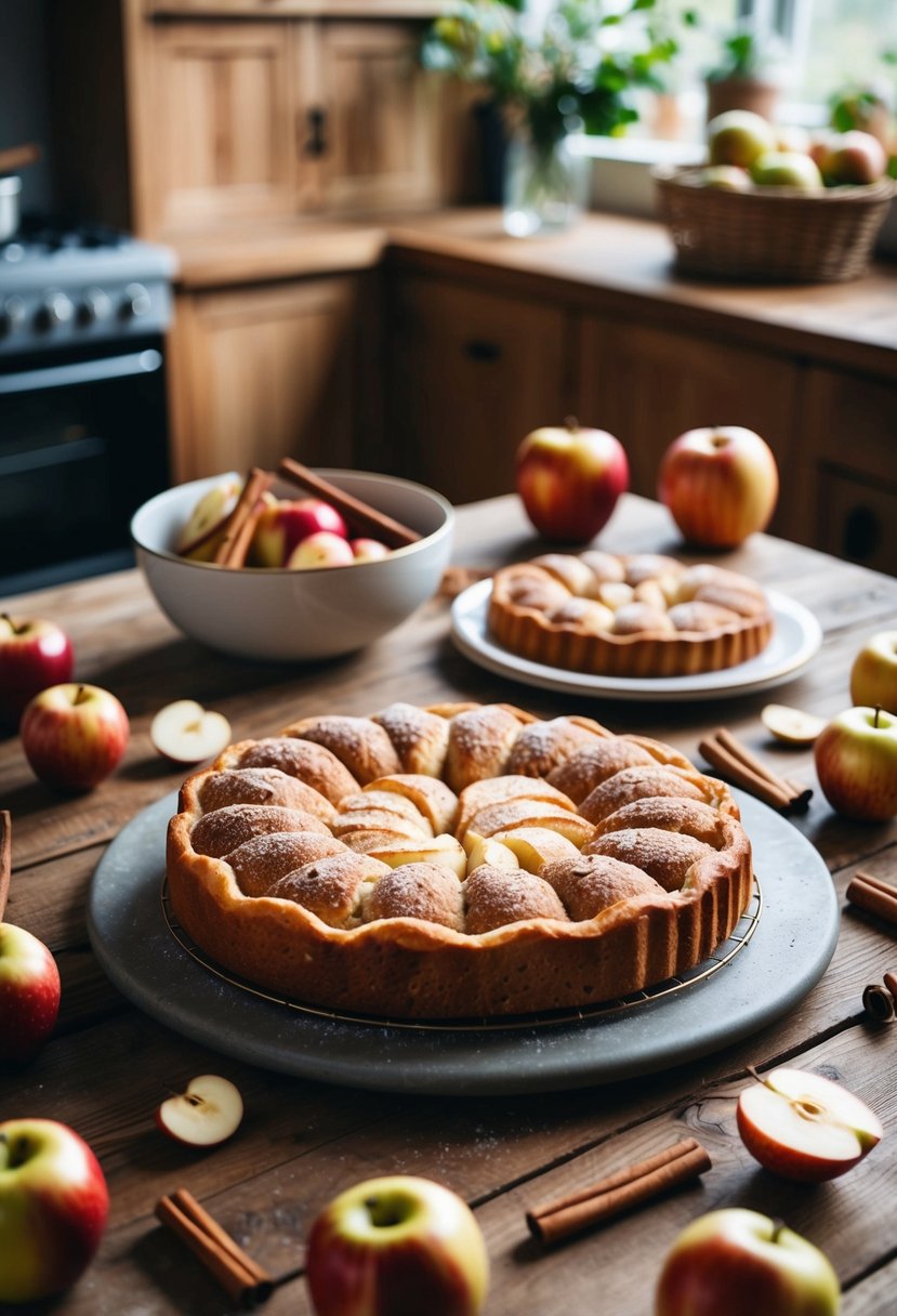 A cozy kitchen with a rustic wooden table set with a freshly baked Äppelkaka surrounded by scattered apples and cinnamon sticks