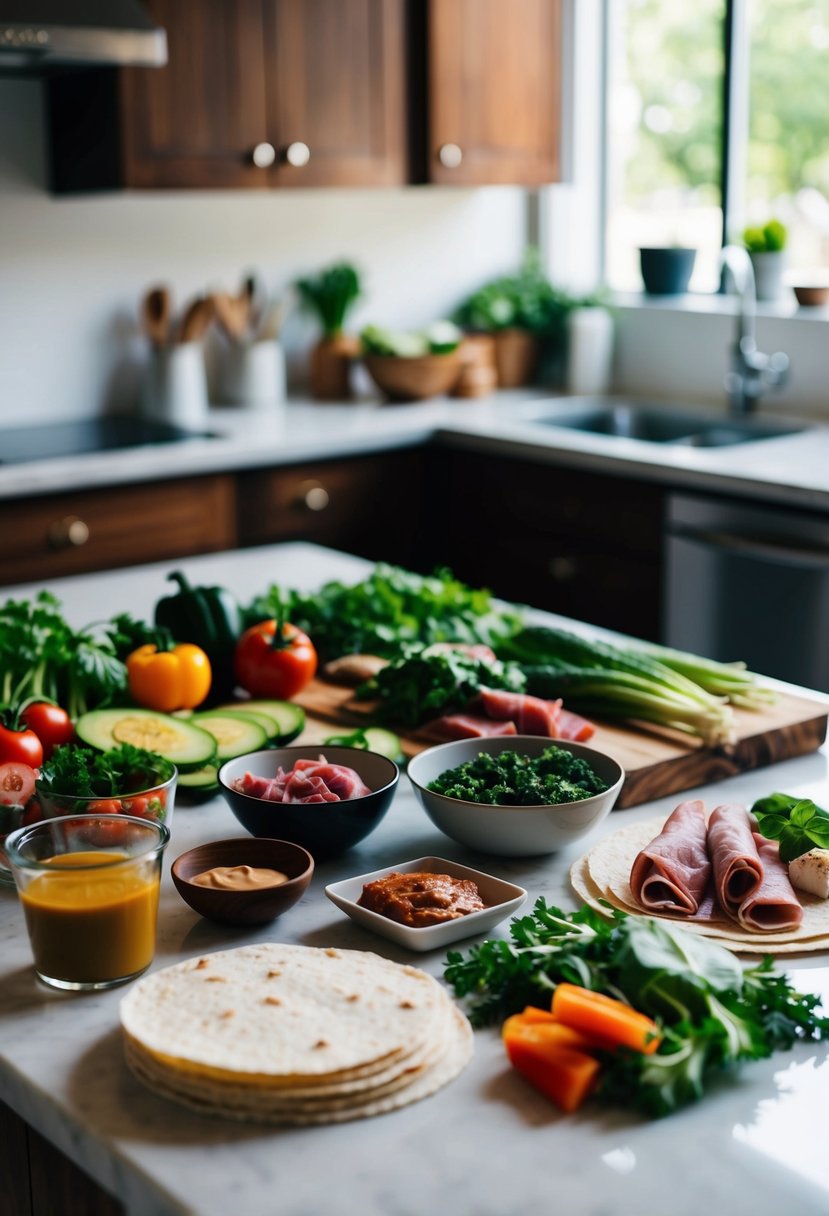 A kitchen counter with various ingredients and utensils for making wraps, including vegetables, meats, sauces, and tortillas