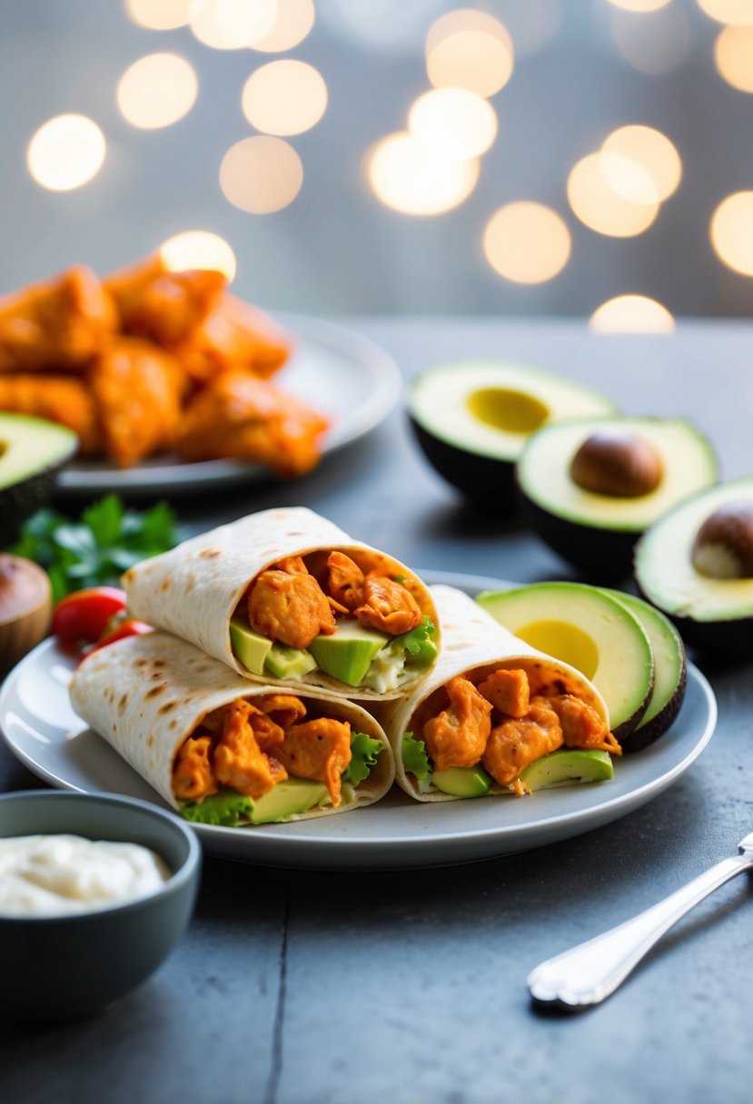 A table set with buffalo chicken wraps, avocado, and ingredients