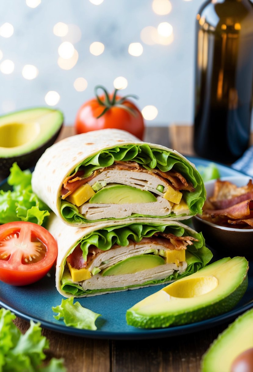 A colorful California Turkey Club Wrap surrounded by fresh lettuce, tomato, avocado, and crispy bacon