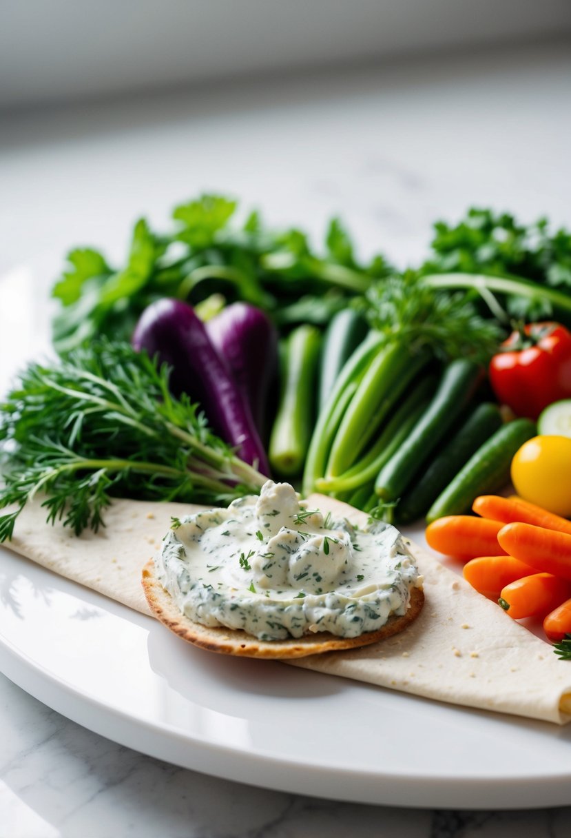 A colorful assortment of fresh vegetables and herbs arranged on a clean, white surface, with a dollop of herbed cream cheese spread on a soft, pliable wrap