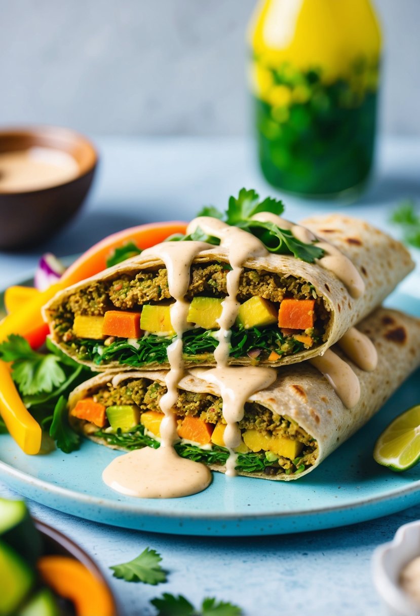 A colorful falafel wrap with vibrant vegetables and drizzled with creamy tahini sauce