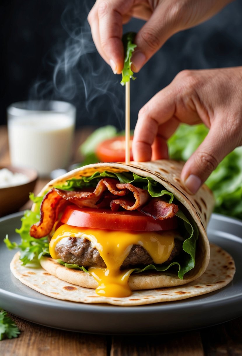 A sizzling bacon cheeseburger wrap being assembled with lettuce, tomato, and melted cheese on a warm tortilla