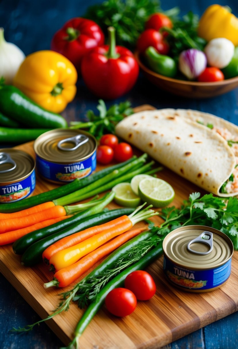 A colorful spread of fresh vegetables, canned tuna, and a tortilla wrap laid out on a wooden cutting board