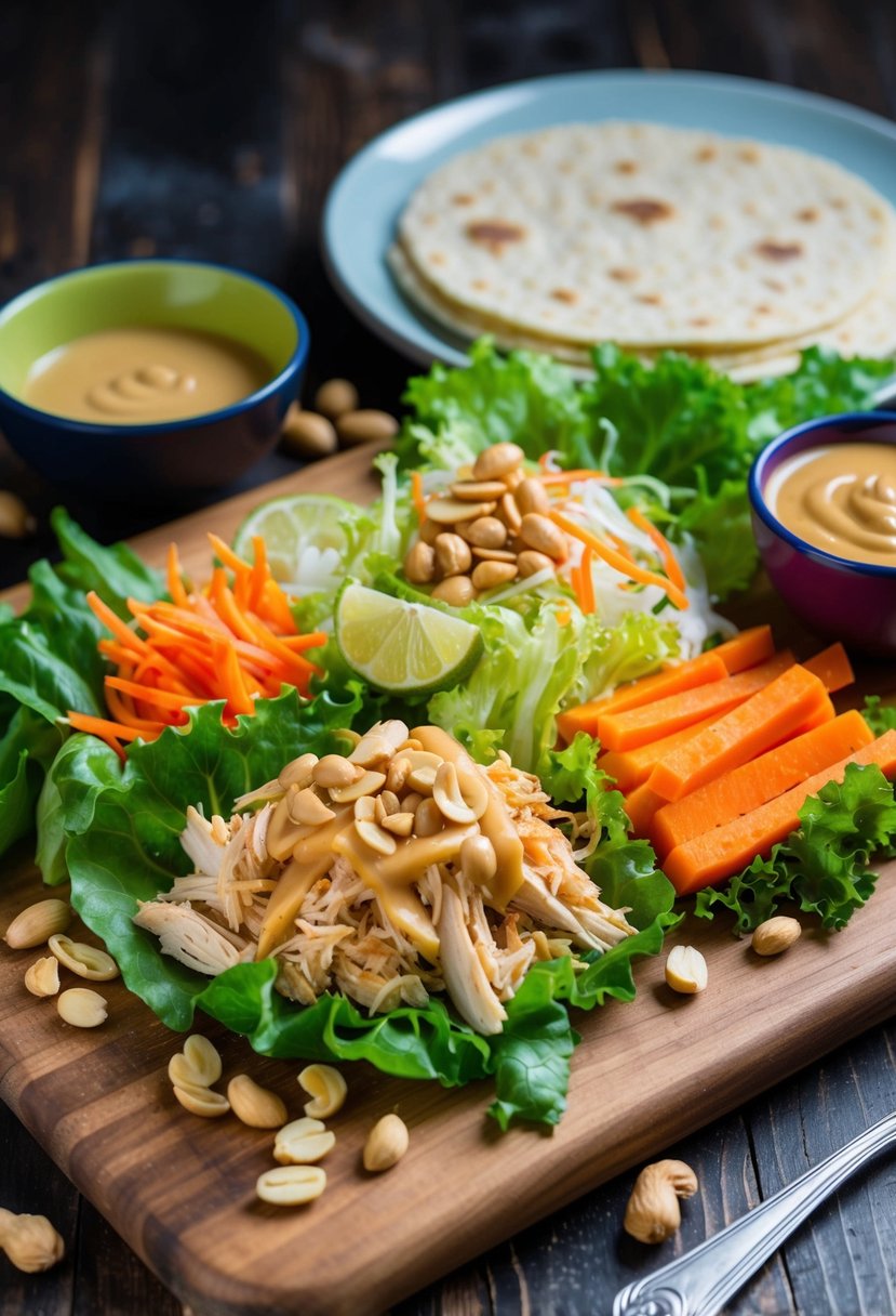 A colorful array of fresh ingredients - shredded chicken, lettuce, carrots, and peanuts - arranged on a wooden cutting board, surrounded by vibrant Thai peanut sauce and a tortilla