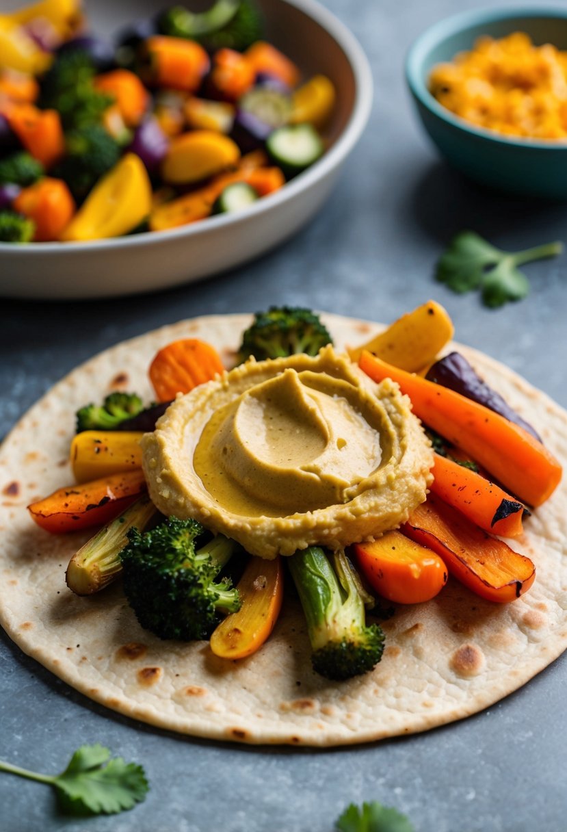 A colorful assortment of roasted vegetables and a dollop of hummus spread on a tortilla, ready to be wrapped and enjoyed