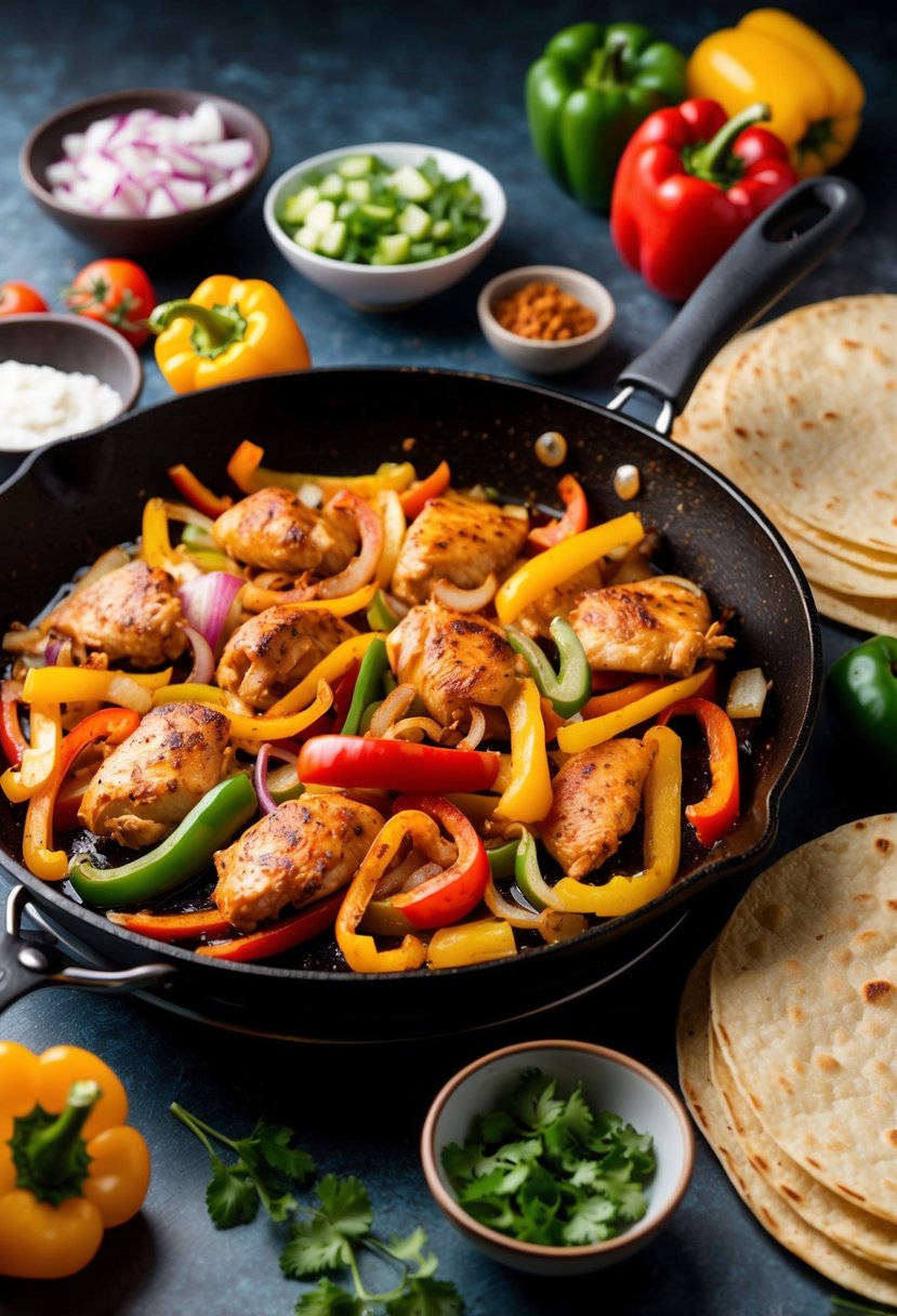 A sizzling skillet of chicken fajitas with colorful bell peppers and onions, surrounded by warm tortillas and a variety of fresh toppings