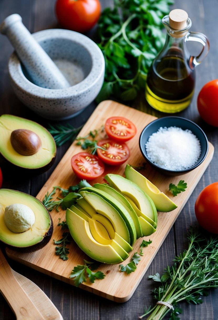 A wooden cutting board with sliced avocados, tomatoes, and herbs, surrounded by a mortar and pestle, a bowl of salt, and a bottle of olive oil