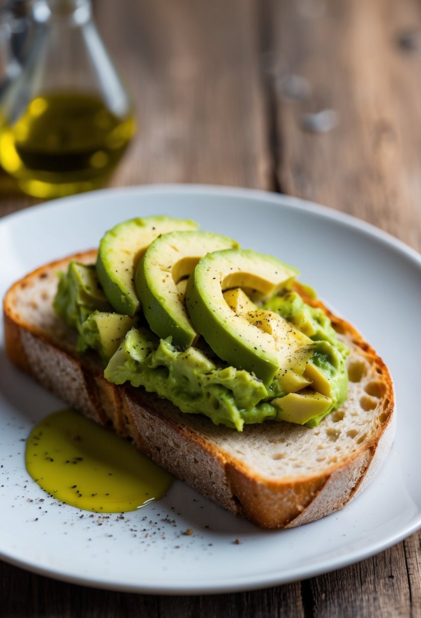 A slice of crusty bread topped with mashed avocado, sprinkled with salt and pepper, and drizzled with olive oil