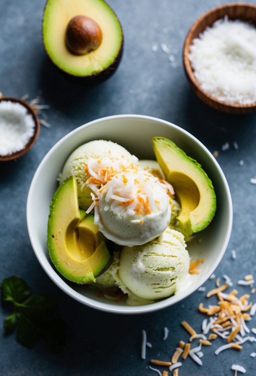 A bowl of creamy avocado and coconut ice cream with fresh avocado slices and shredded coconut on top