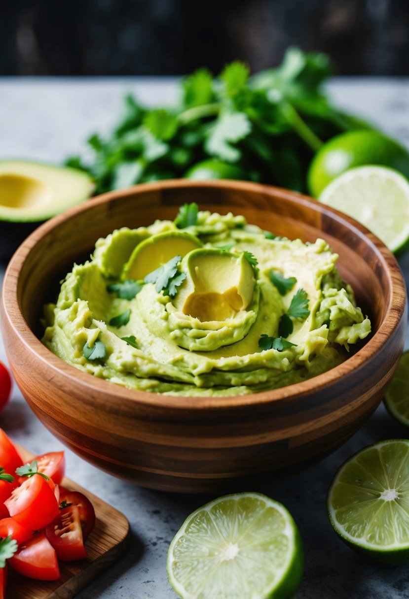 A wooden bowl filled with freshly mashed avocados, surrounded by halved limes, diced tomatoes, and chopped cilantro