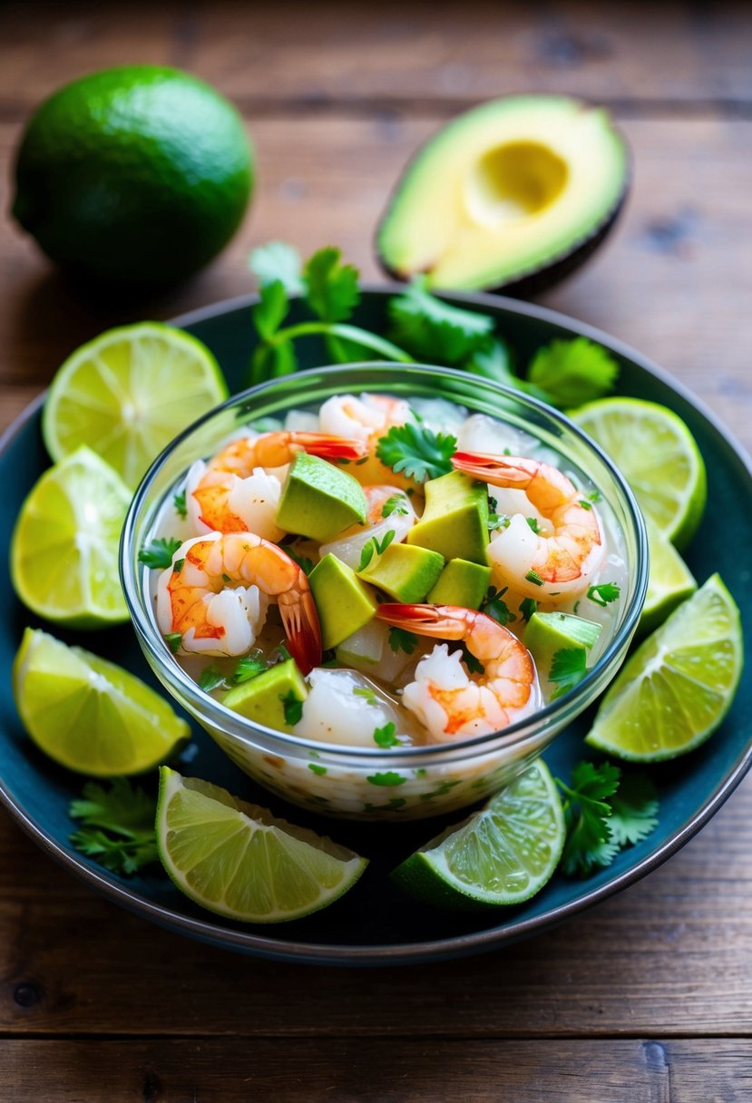 A bowl of vibrant shrimp ceviche with chunks of ripe avocado, surrounded by fresh lime wedges and cilantro sprigs on a wooden table