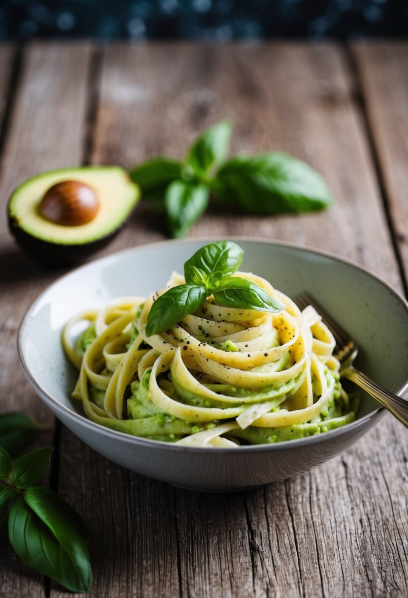 A bowl of creamy avocado pasta, garnished with fresh basil and a sprinkle of black pepper, sits on a rustic wooden table