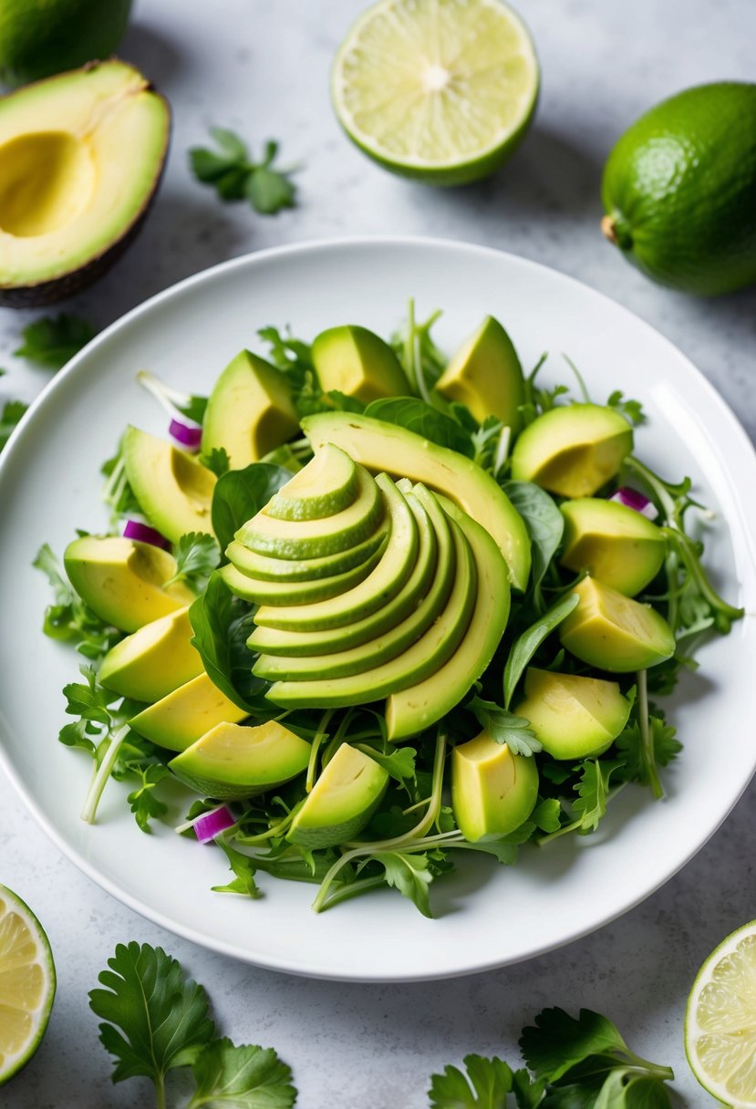 A vibrant green avocado and lime salad arranged on a white plate with fresh ingredients surrounding it