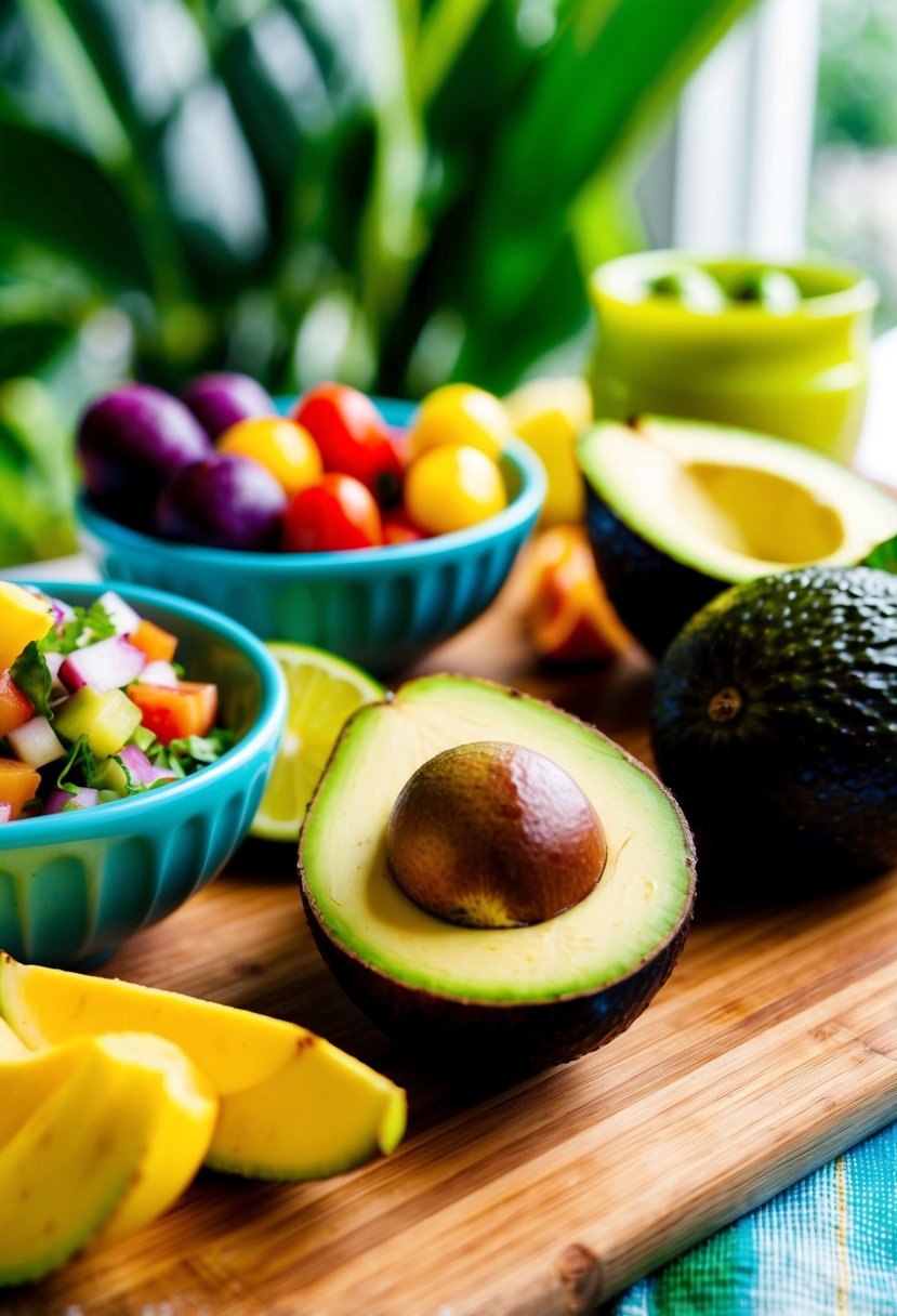 A vibrant tropical scene with avocados, fresh fruits, and colorful salsa ingredients on a wooden cutting board