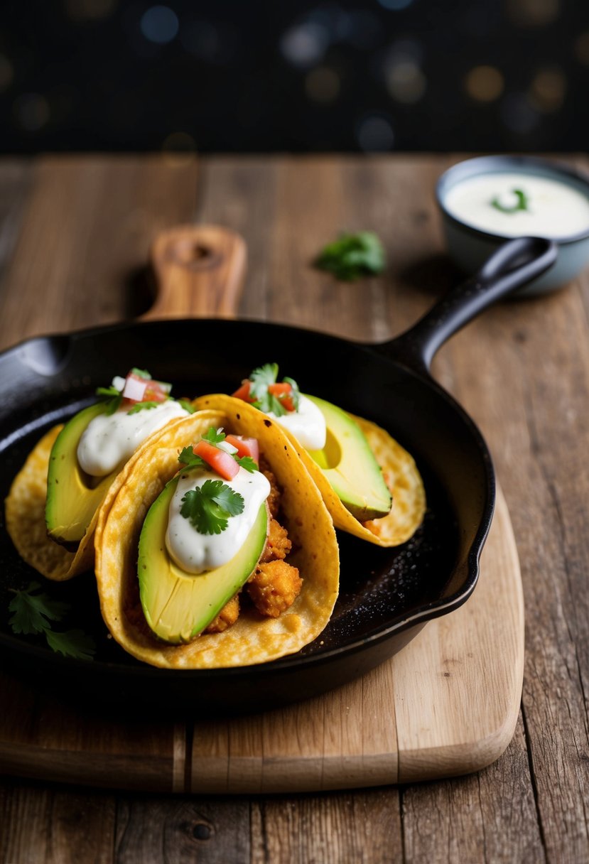 A sizzling skillet holds two golden fried avocado tacos, topped with fresh salsa and a dollop of creamy sauce