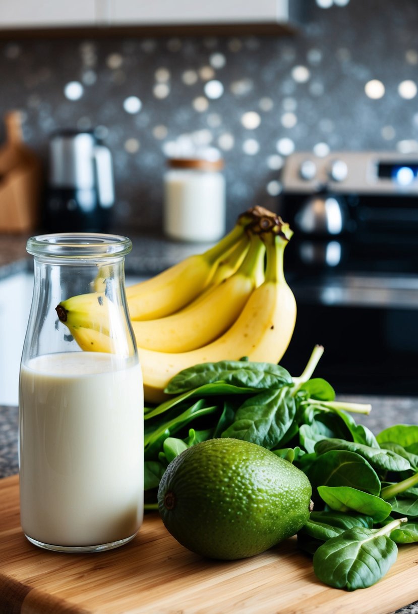 A ripe avocado, a bunch of bananas, a splash of almond milk, and a handful of spinach laid out on a kitchen counter