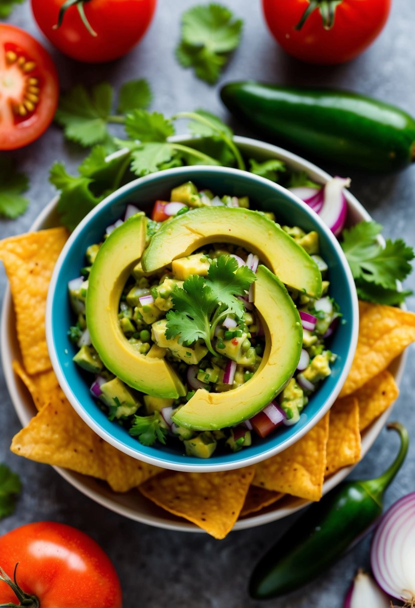 A bowl of spicy avocado salsa surrounded by fresh ingredients like tomatoes, onions, and cilantro, with a hint of jalapeno for an added kick