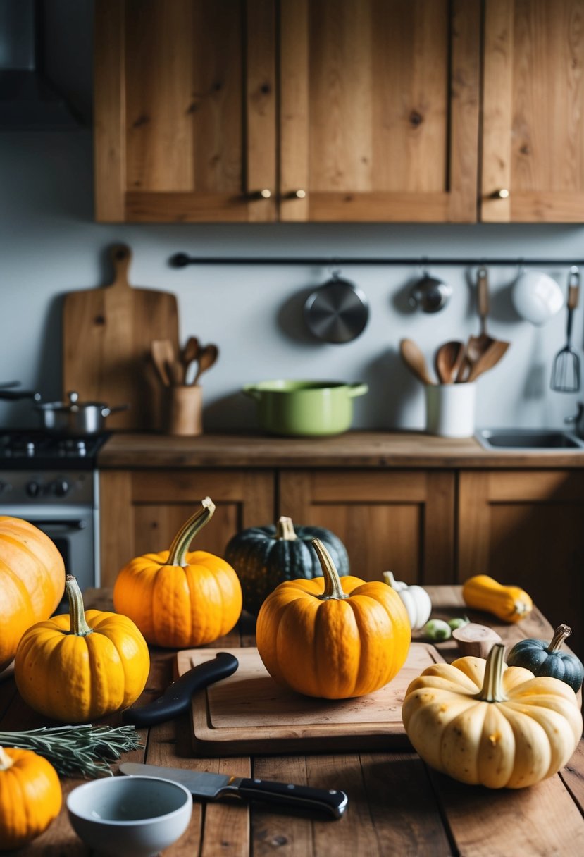 A rustic kitchen table with an assortment of winter squash, a cutting board, and various cooking utensils