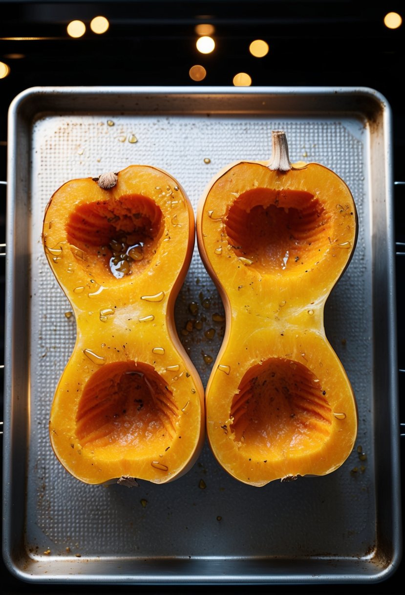 A whole butternut squash, cut in half and drizzled with olive oil, roasting in the oven on a baking sheet