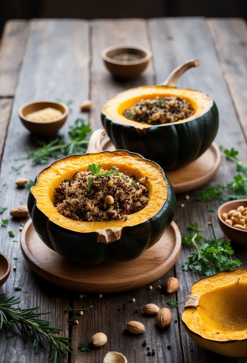 A rustic wooden table set with a roasted acorn squash filled with quinoa, surrounded by scattered ingredients like nuts, herbs, and spices