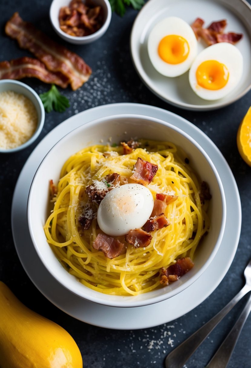 A steaming bowl of spaghetti squash carbonara surrounded by fresh ingredients like eggs, bacon, and grated cheese