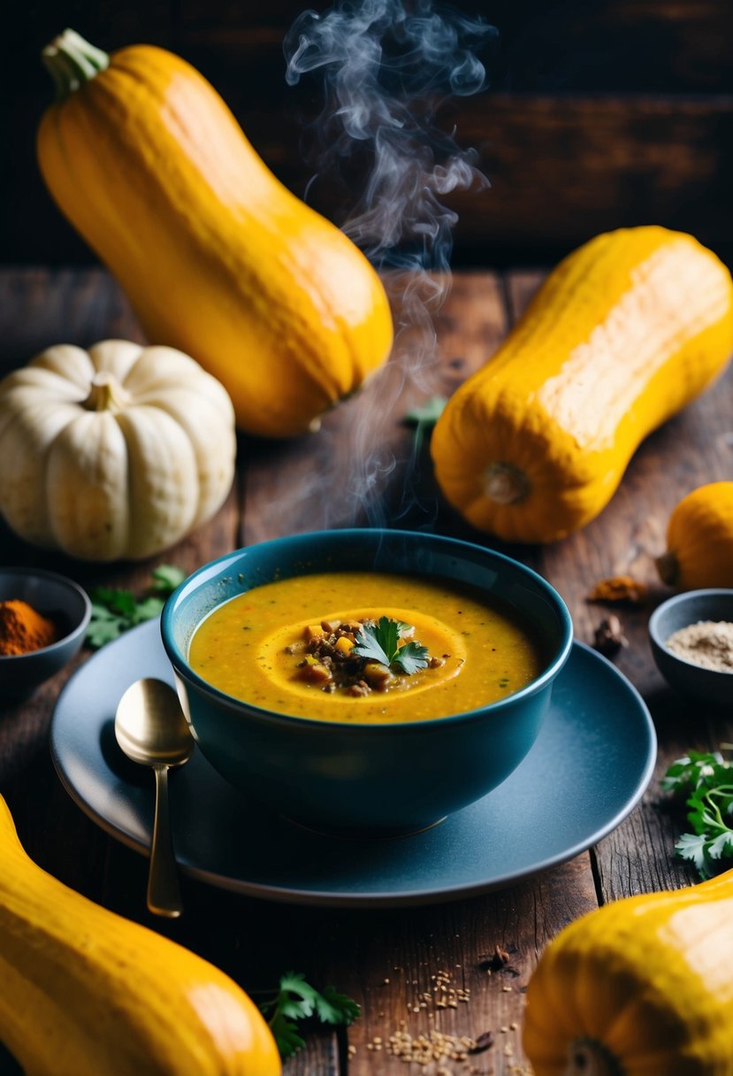 A steaming bowl of curried delicata squash soup sits on a rustic wooden table, surrounded by whole winter squash and aromatic spices