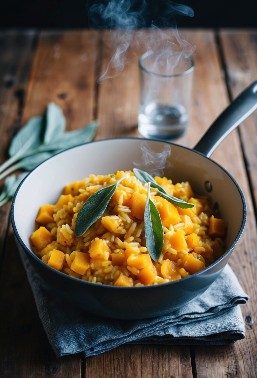 A steaming pot of butternut squash risotto with fresh sage leaves on a rustic wooden table