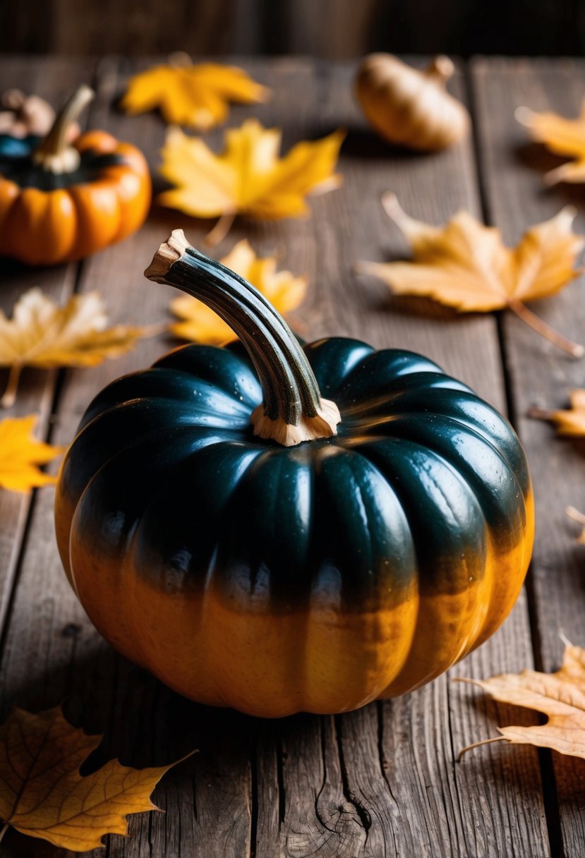 An acorn squash with a shiny maple glaze sits on a rustic wooden table, surrounded by scattered autumn leaves and a warm, cozy atmosphere