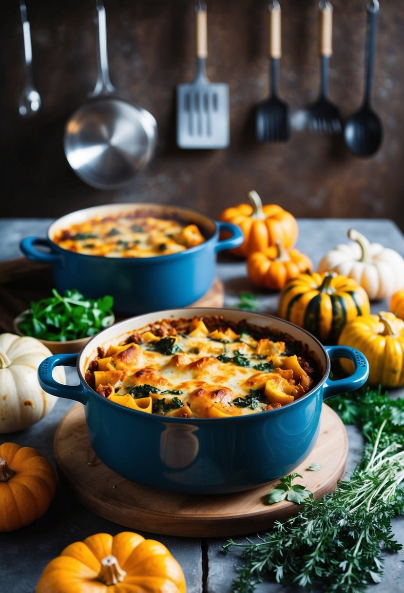 A rustic kitchen with a bubbling pot of pumpkin and spinach lasagna, surrounded by colorful winter squash and fresh herbs