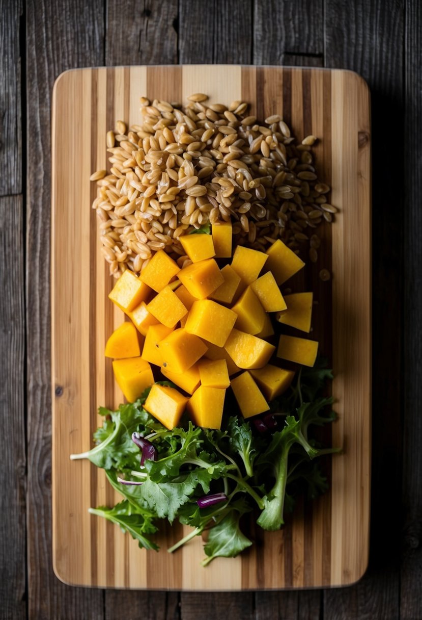 A wooden cutting board with diced winter squash, cooked farro, and assorted salad ingredients arranged in a vibrant and inviting composition