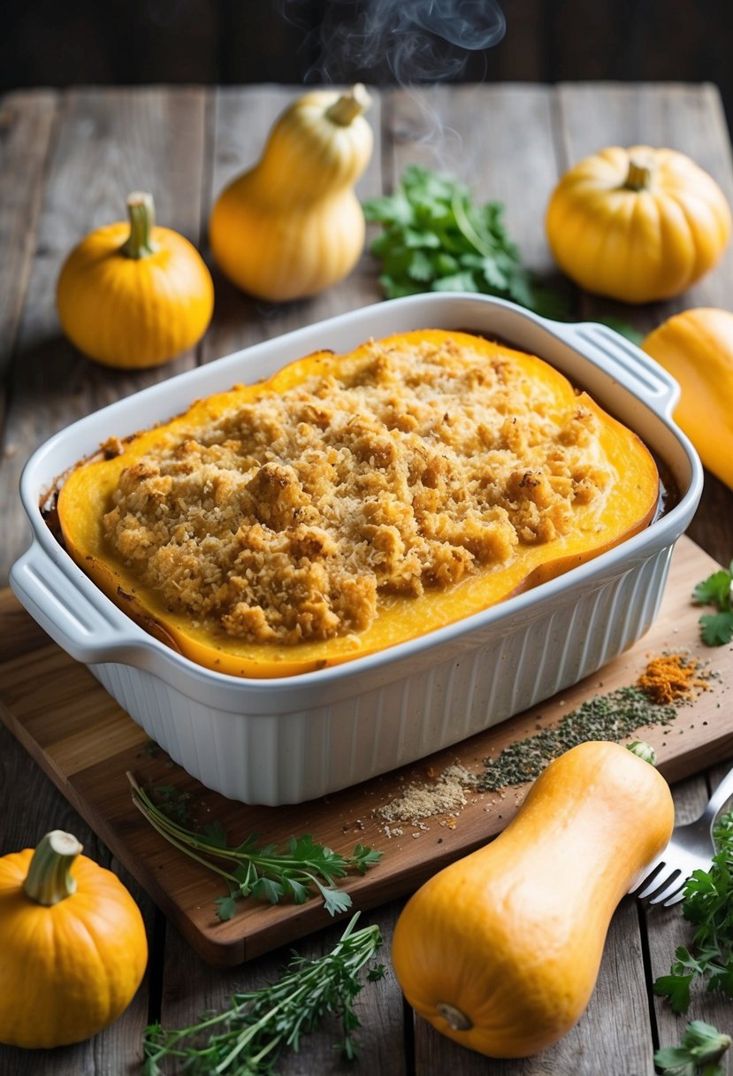 A rustic wooden table with a steaming casserole dish filled with creamy winter squash, topped with a golden-brown breadcrumb crust. Surrounding the dish are scattered whole squash, fresh herbs, and a sprinkle of spices