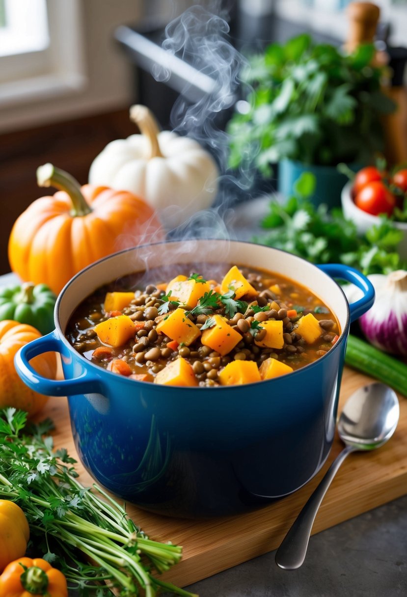 A steaming pot of hearty squash and lentil stew, surrounded by colorful vegetables and herbs, sits on a cozy kitchen counter