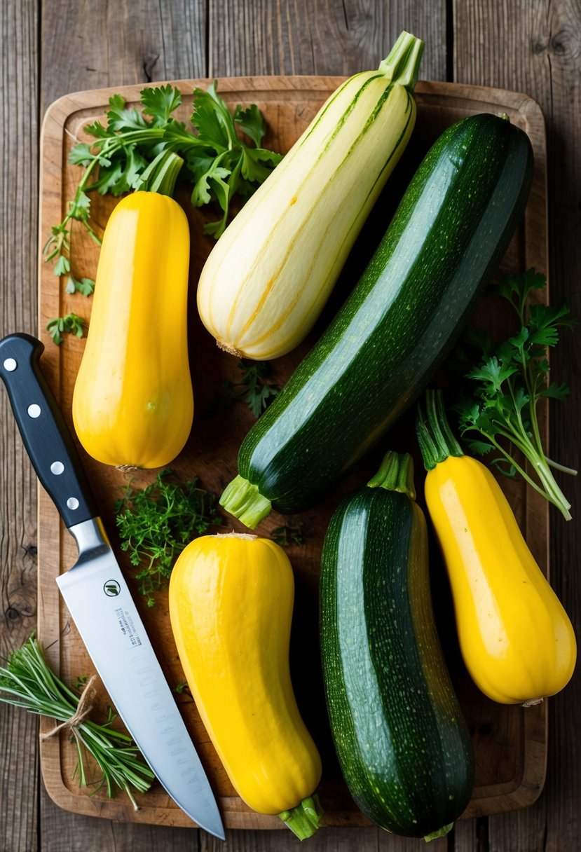 Fresh summer squash, zucchini, and yellow crookneck arranged on a rustic wooden cutting board with a chef's knife and a scattering of fresh herbs