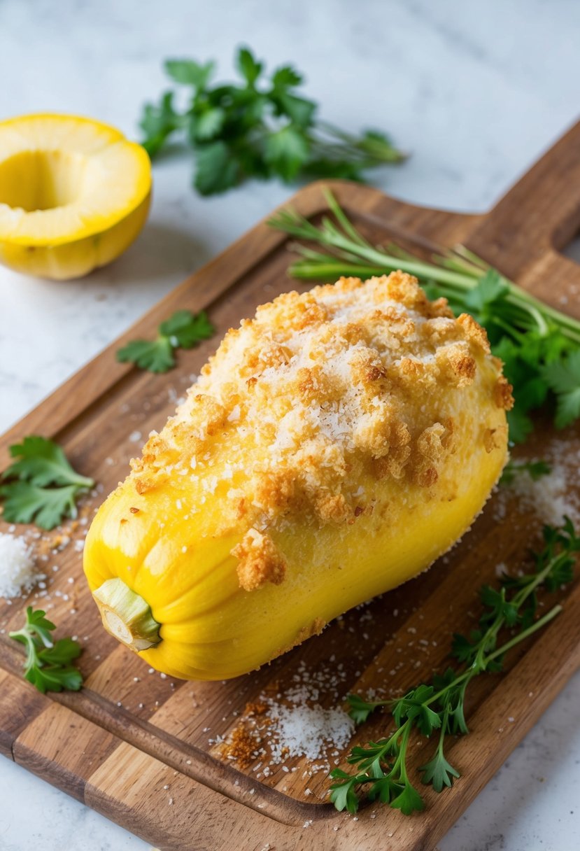 A golden-brown summer squash, coated in panko and parmesan, sits on a rustic wooden cutting board, surrounded by fresh herbs and a sprinkle of sea salt