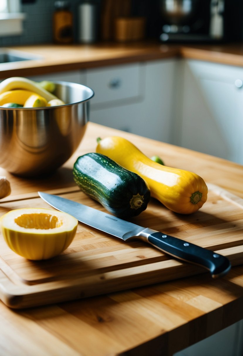 A wooden cutting board with fresh summer squash, a knife, and a mixing bowl on a kitchen counter