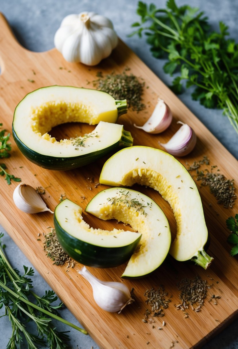 A wooden cutting board with sliced summer squash, garlic cloves, and a sprinkle of Herbes de Provence, surrounded by a few scattered herbs and spices