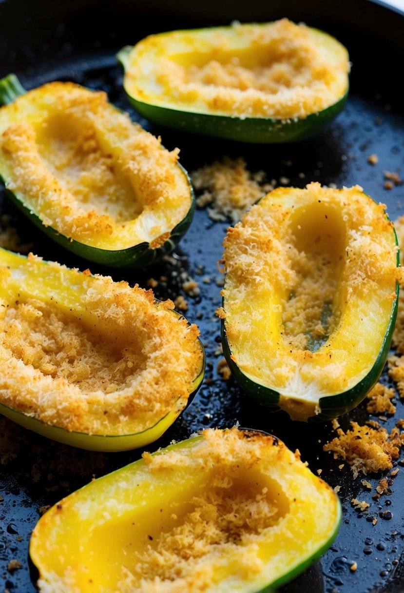 Slices of summer squash sizzling in a pan, coated with golden crispy panko breadcrumbs