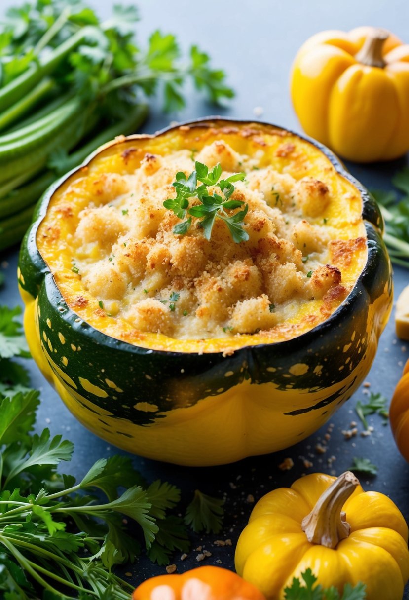 A golden-brown baked summer squash topped with Parmesan and bread crumbs, surrounded by fresh herbs and colorful vegetables