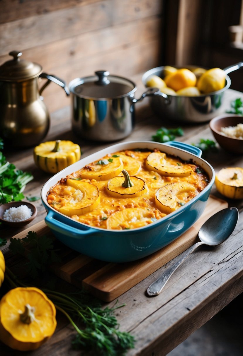 A rustic kitchen table with a bubbling casserole dish of golden yellow squash, surrounded by fresh ingredients and vintage cookware