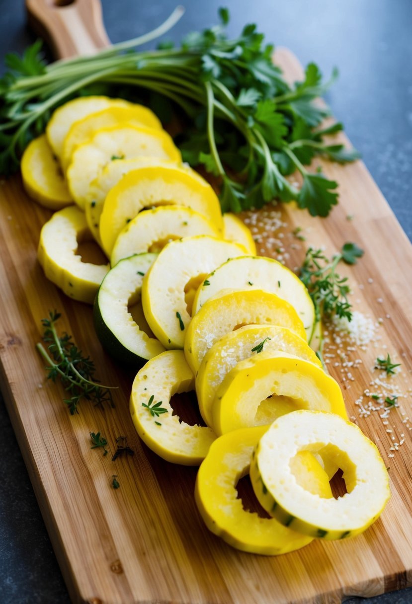 A cutting board with thinly sliced yellow squash rounds, a sprinkle of parmesan, and fresh herbs