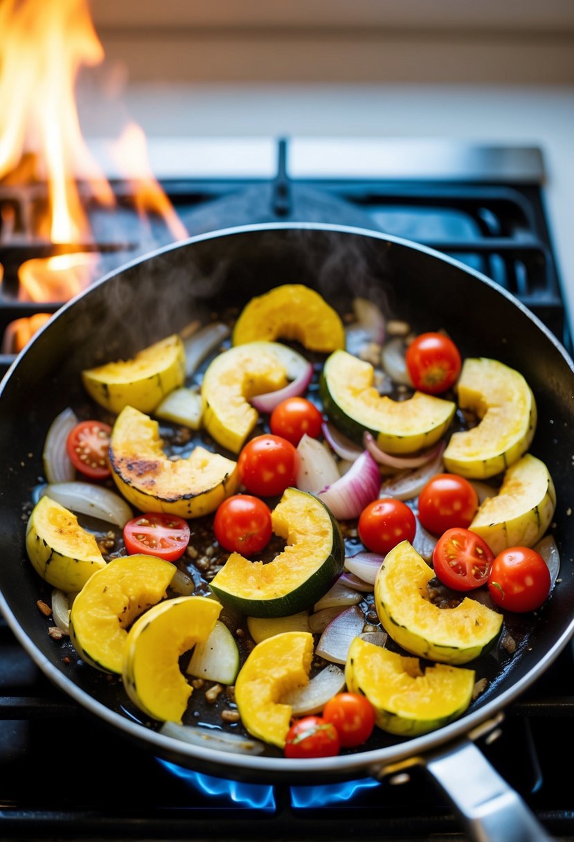 Sliced squash, onions, and tomatoes sizzling in a skillet over a stovetop flame