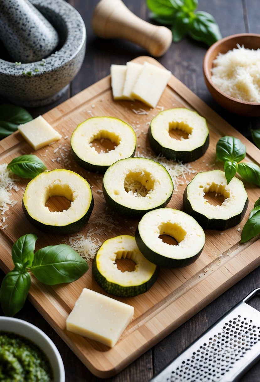 A wooden cutting board with sliced summer squash, basil, and parmesan cheese, surrounded by a mortar and pestle, a grater, and a bowl of pesto