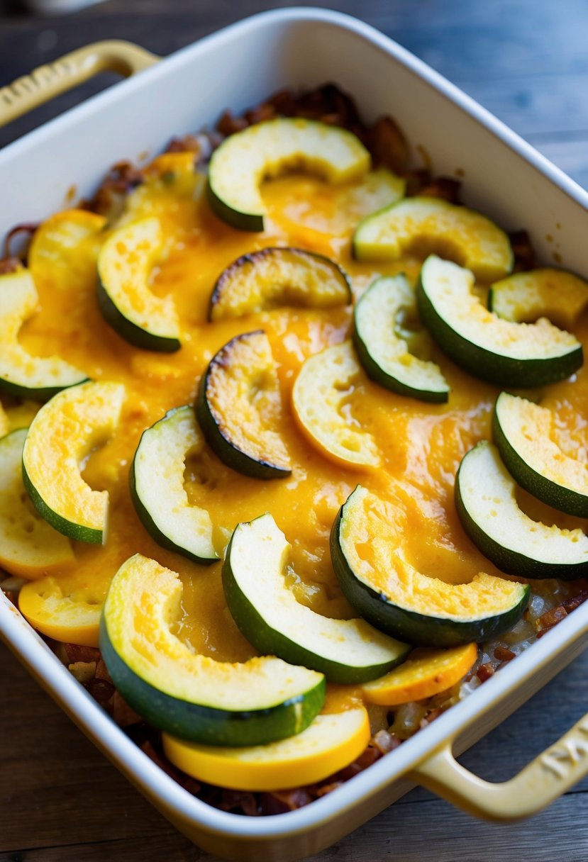 A colorful array of sliced summer squash layered in a casserole dish, topped with a golden, bubbly layer of melted cheese